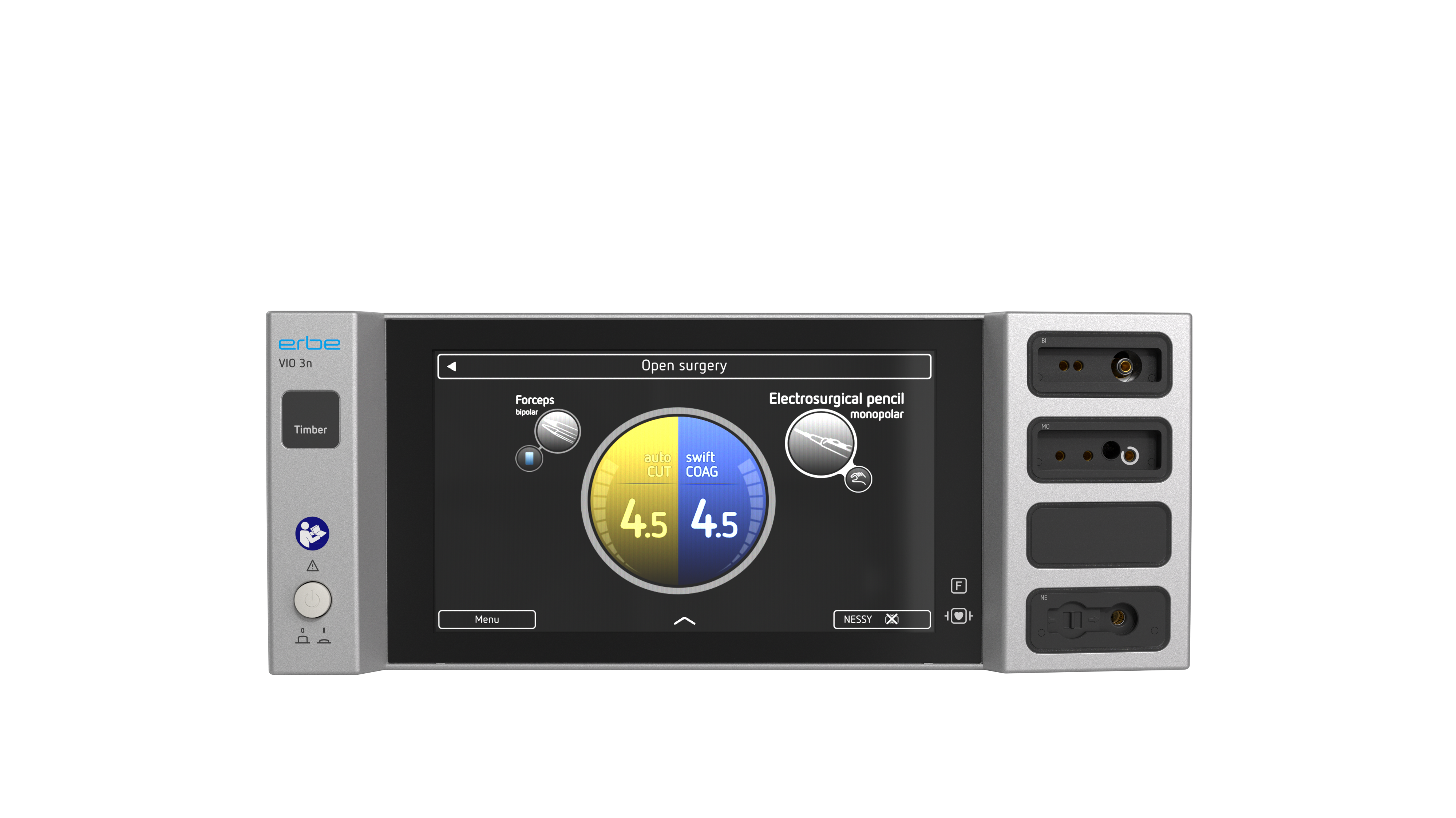 VIO® 3n Timber electrosurgical generator with illuminated display showing autoCUT and swiftCOAG modes on the user interface.